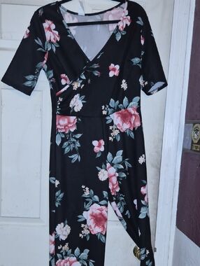 H&M Black Midi Wrap Dress with Pink Floral Pattern